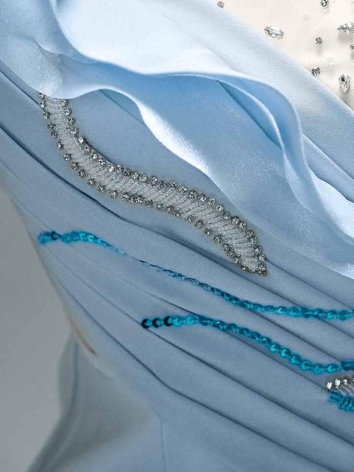 Light Blue Mermaid Evening Dress with Ruffle Sleeves – Long Sleeve Evening Dress with Beaded Bodice and Lace - Up Back Plus Size - WonderlandByLilian