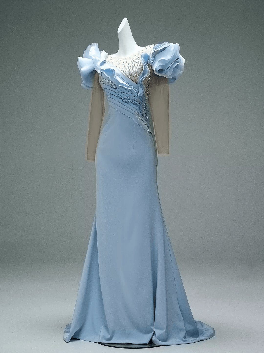 Light Blue Mermaid Evening Dress with Ruffle Sleeves – Long Sleeve Evening Dress with Beaded Bodice and Lace - Up Back Plus Size - WonderlandByLilian