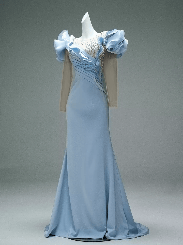 Light Blue Mermaid Evening Dress with Ruffle Sleeves – Long Sleeve Evening Dress with Beaded Bodice and Lace - Up Back Plus Size - WonderlandByLilian