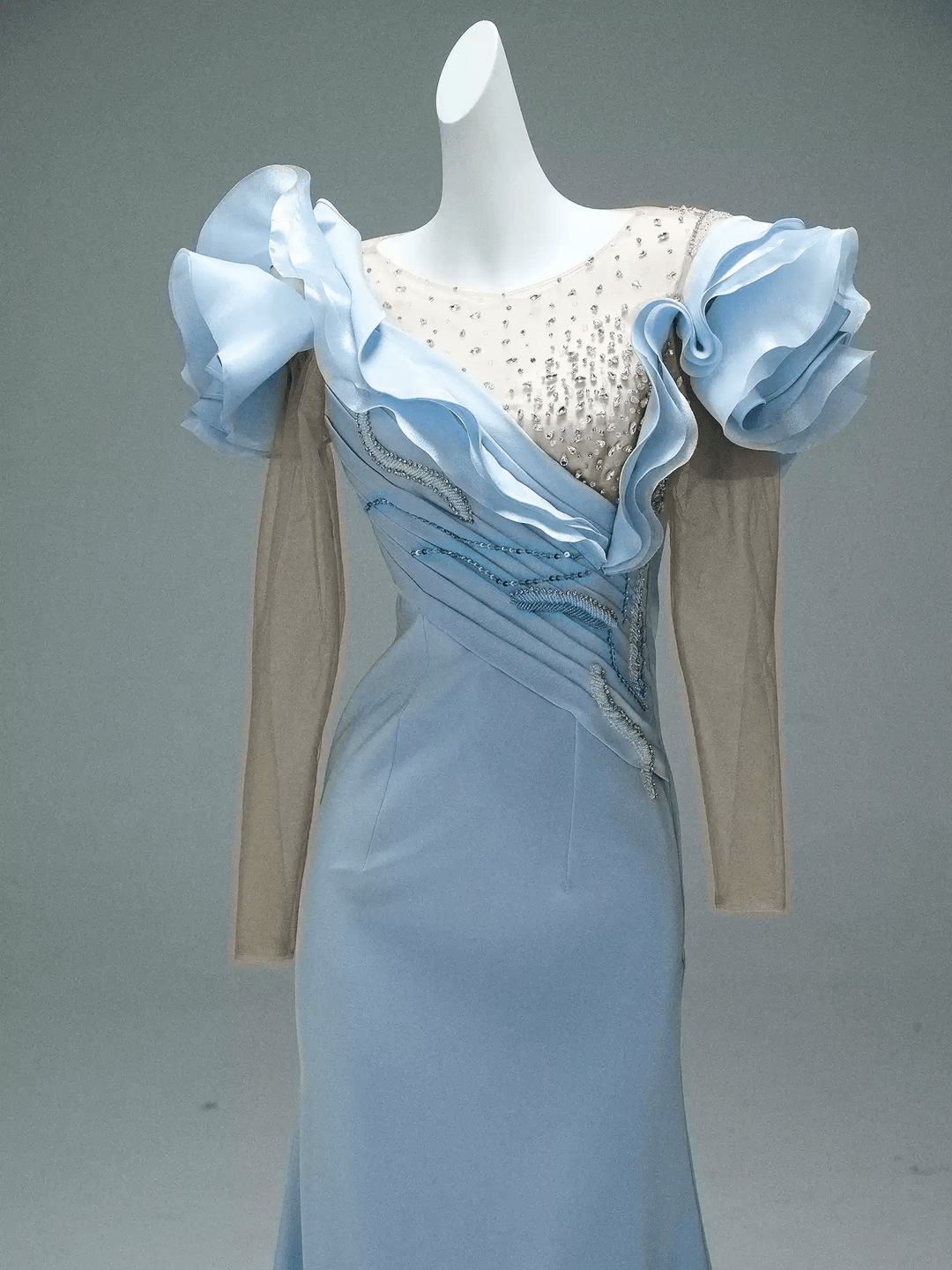 Light Blue Mermaid Evening Dress with Ruffle Sleeves – Long Sleeve Evening Dress with Beaded Bodice and Lace - Up Back Plus Size - WonderlandByLilian