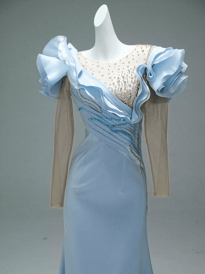 Light Blue Mermaid Evening Dress with Ruffle Sleeves – Long Sleeve Evening Dress with Beaded Bodice and Lace - Up Back Plus Size - WonderlandByLilian