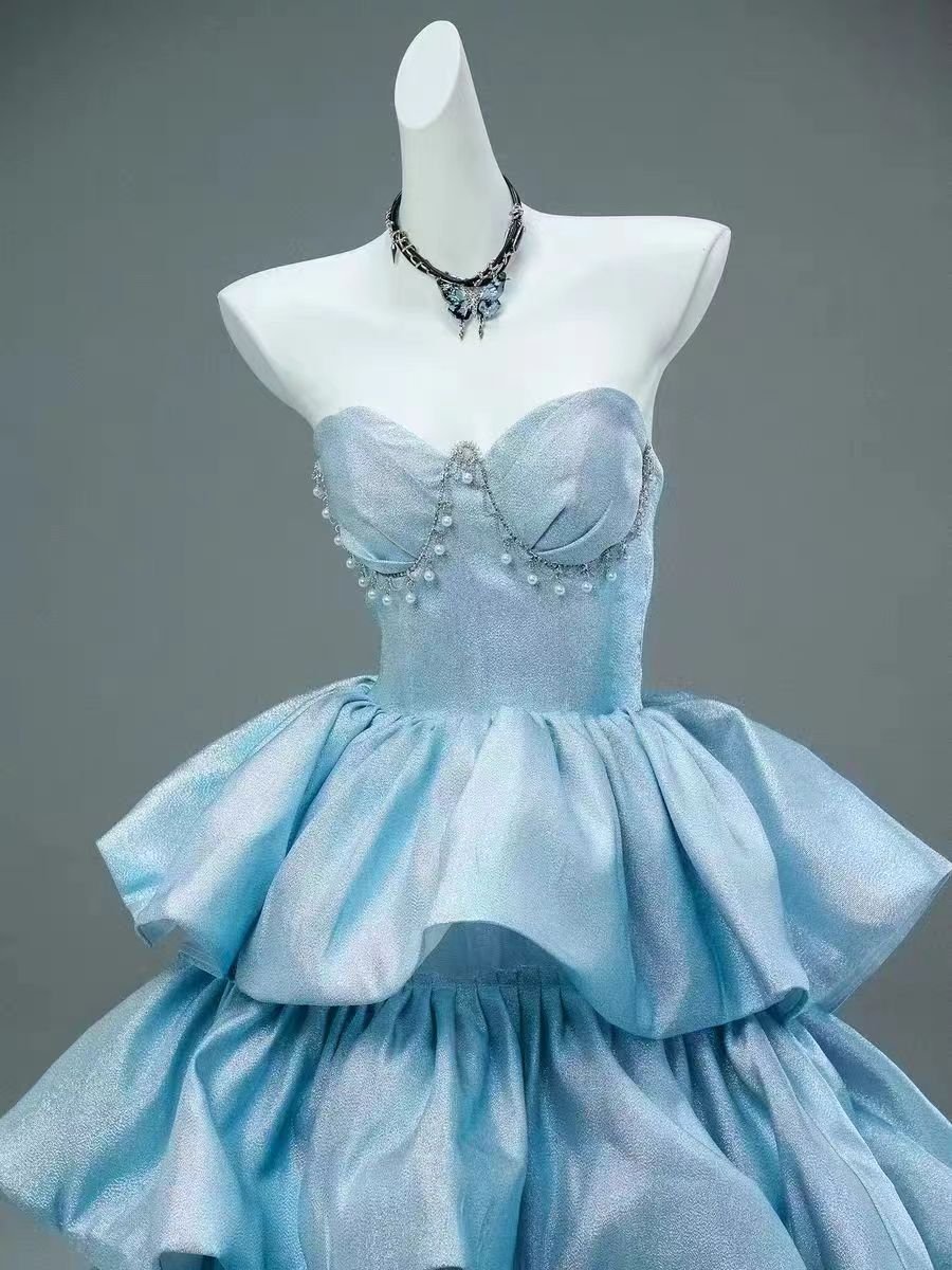 Light Blue Ruffled Ball Gown with Beaded Bodice - Plus Size Whimsical Fairy Inspired Dress - WonderlandByLilian