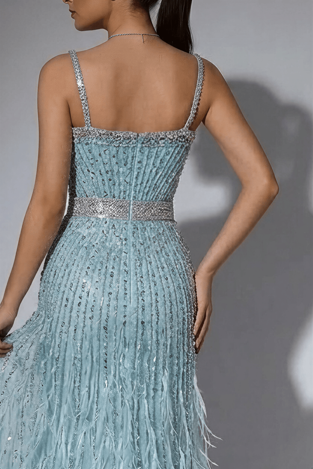 Light Blue Sequin and Feather Dress with Sleeveless – Sparkly Maxi Dress with Beaded Straps Plus Size - WonderlandByLilian