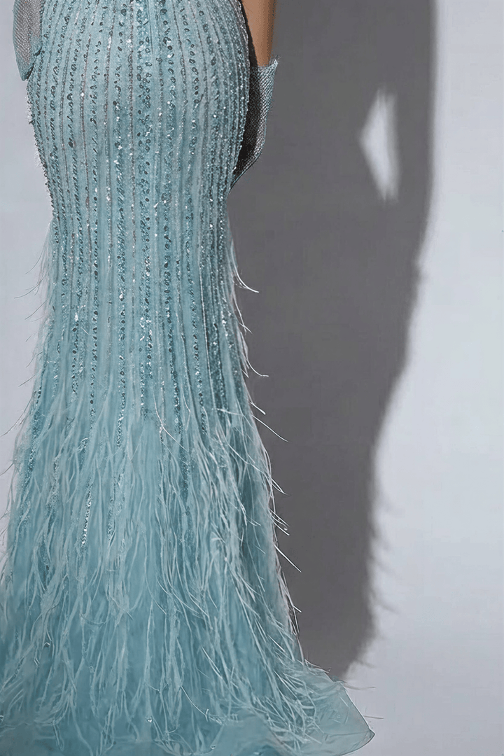 Light Blue Sequin and Feather Dress with Sleeveless – Sparkly Maxi Dress with Beaded Straps Plus Size - WonderlandByLilian