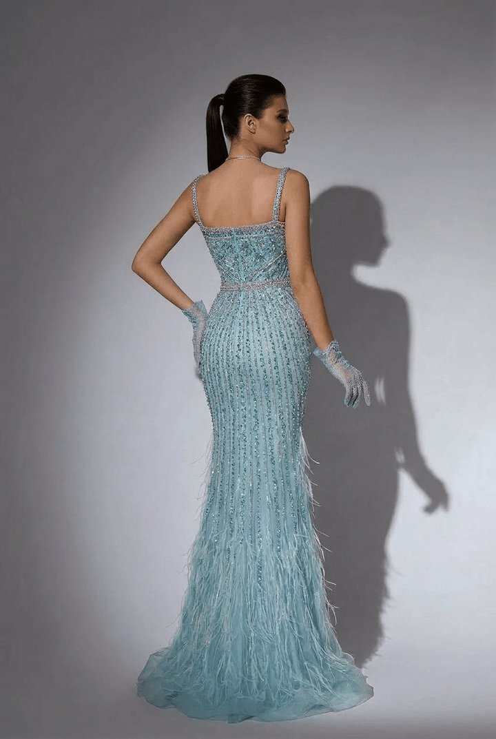 Light Blue Sequin and Feather Dress with Sleeveless – Sparkly Maxi Dress with Beaded Straps Plus Size - WonderlandByLilian