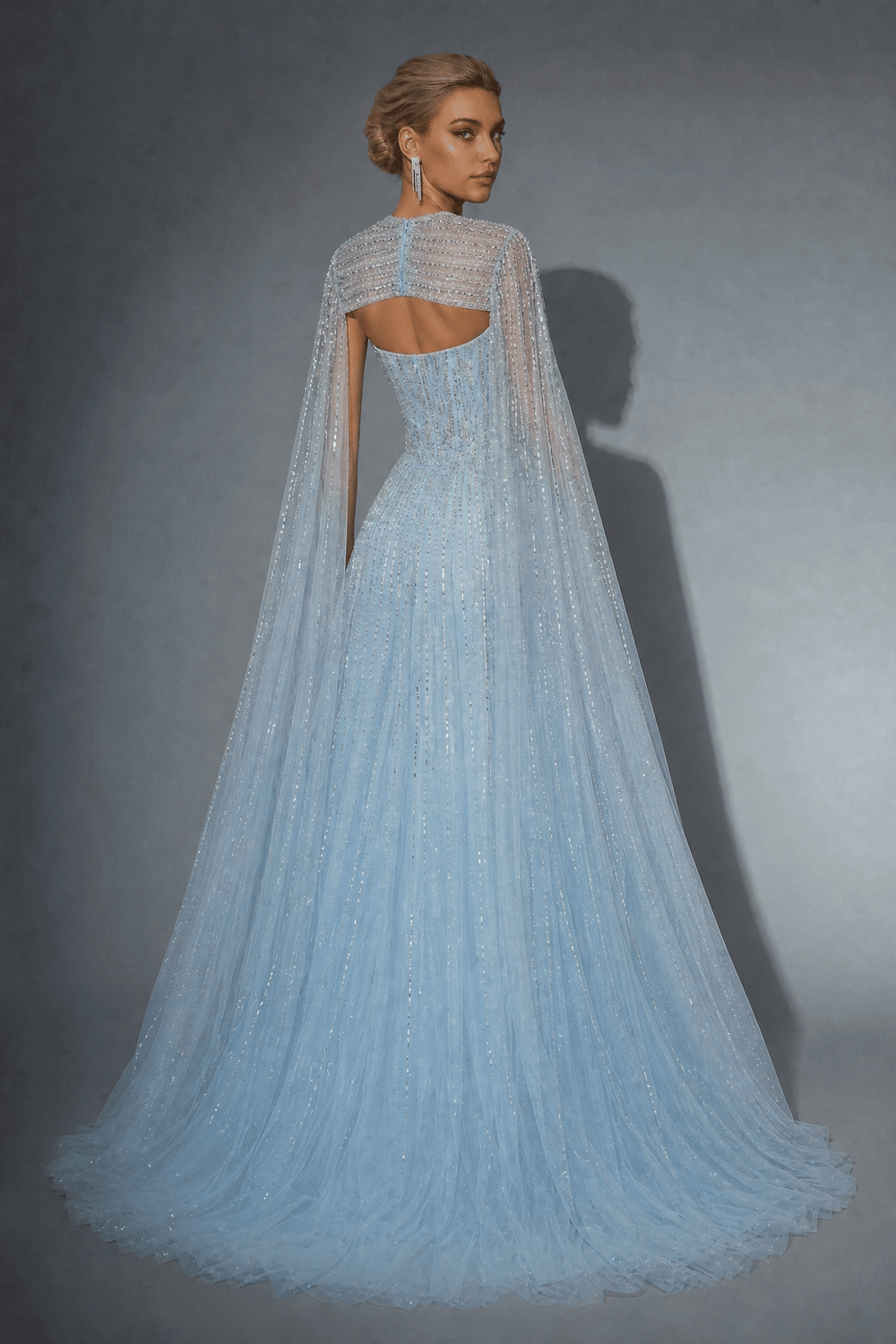 Light Blue Sequin Ball Gown with Illusion Neckline – Glitter Maxi Dress with Cape Sleeves Plus Size - WonderlandByLilian