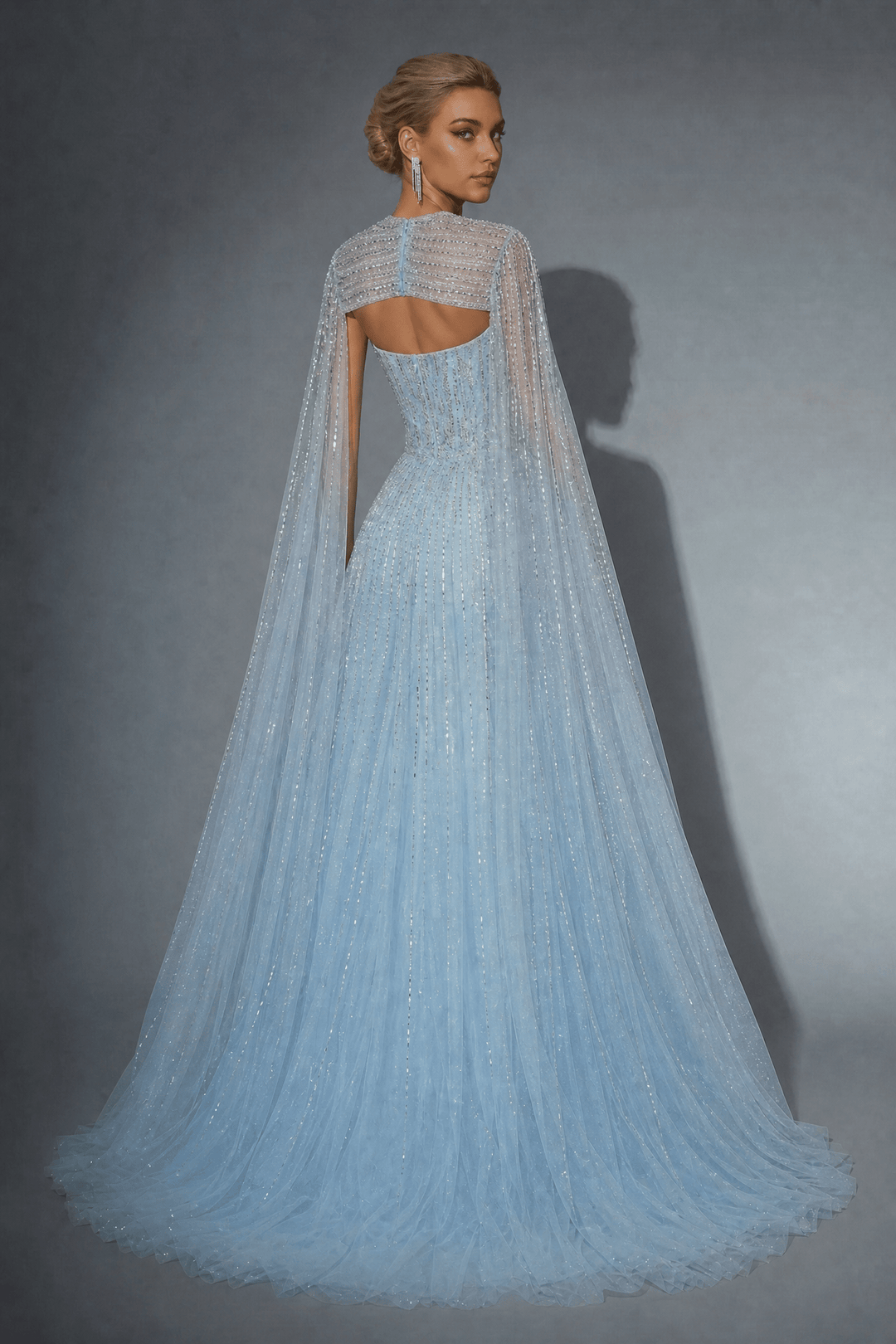 Light Blue Sequin Ball Gown with Illusion Neckline – Glitter Maxi Dress with Cape Sleeves Plus Size - WonderlandByLilian