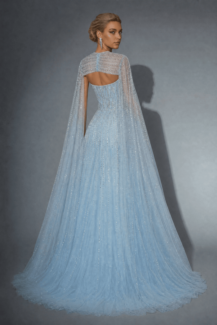 Light Blue Sequin Ball Gown with Illusion Neckline – Glitter Maxi Dress with Cape Sleeves Plus Size - WonderlandByLilian