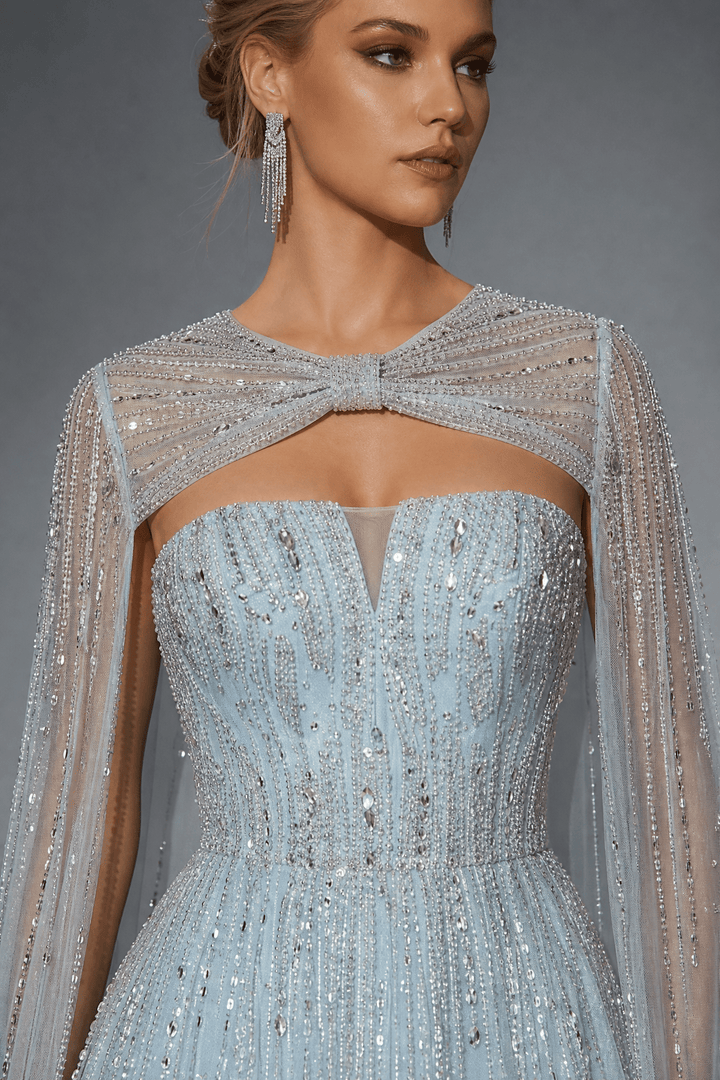 Light Blue Sequin Ball Gown with Illusion Neckline – Glitter Maxi Dress with Cape Sleeves Plus Size - WonderlandByLilian
