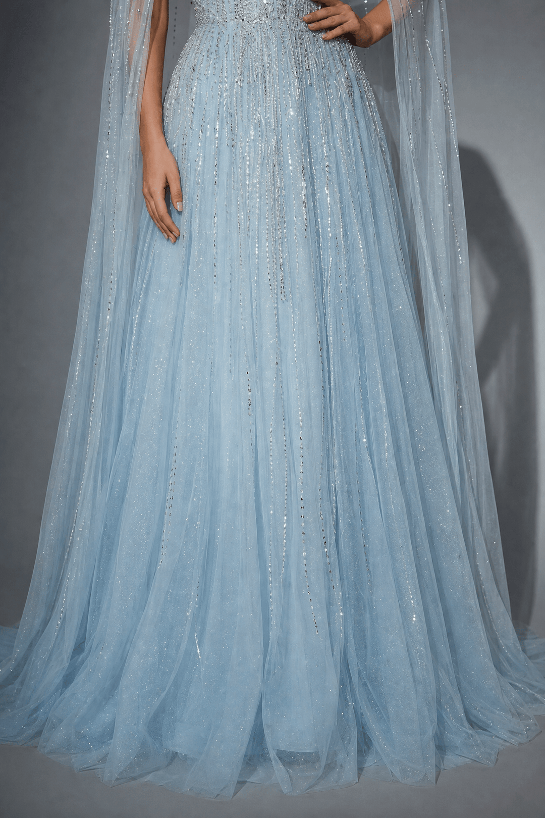 Light Blue Sequin Ball Gown with Illusion Neckline – Glitter Maxi Dress with Cape Sleeves Plus Size - WonderlandByLilian