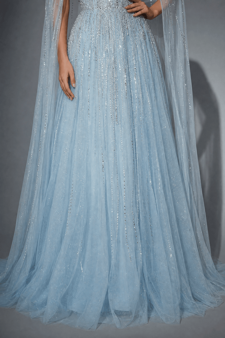 Light Blue Sequin Ball Gown with Illusion Neckline – Glitter Maxi Dress with Cape Sleeves Plus Size - WonderlandByLilian