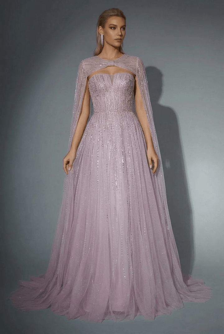 Light Blue Sequin Ball Gown with Illusion Neckline – Glitter Maxi Dress with Cape Sleeves Plus Size - WonderlandByLilian