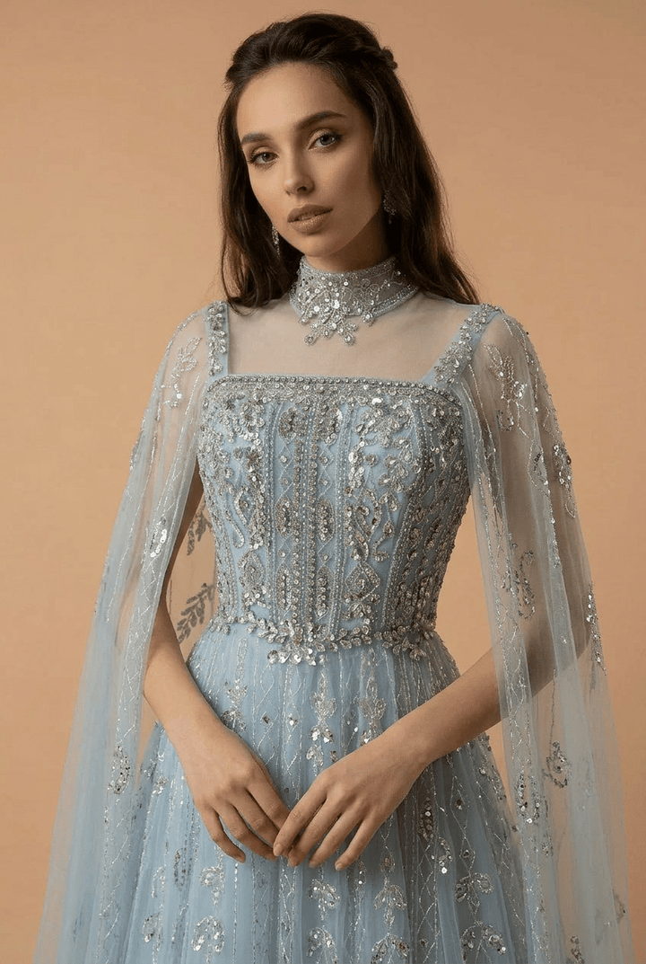 Light Blue Sequin Embellished Ball Gown with Cape Sleeves – Long Sleeve Sequin Dress Plus Size - WonderlandByLilian