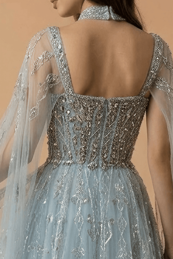 Light Blue Sequin Embellished Ball Gown with Cape Sleeves – Long Sleeve Sequin Dress Plus Size - WonderlandByLilian