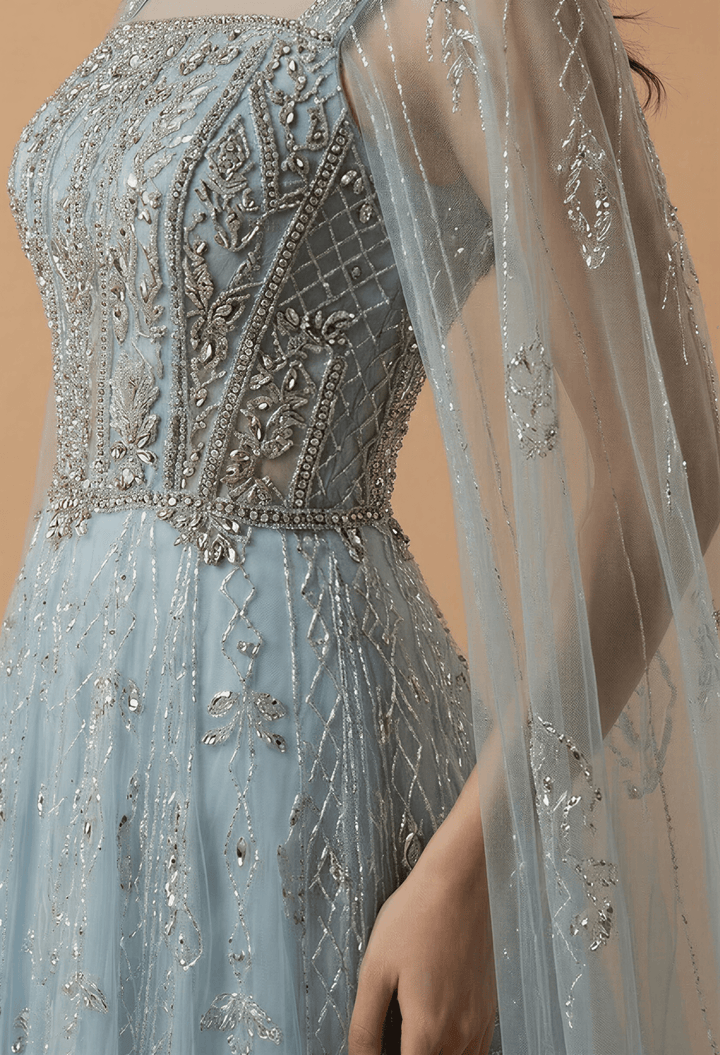 Light Blue Sequin Embellished Ball Gown with Cape Sleeves – Long Sleeve Sequin Dress Plus Size - WonderlandByLilian