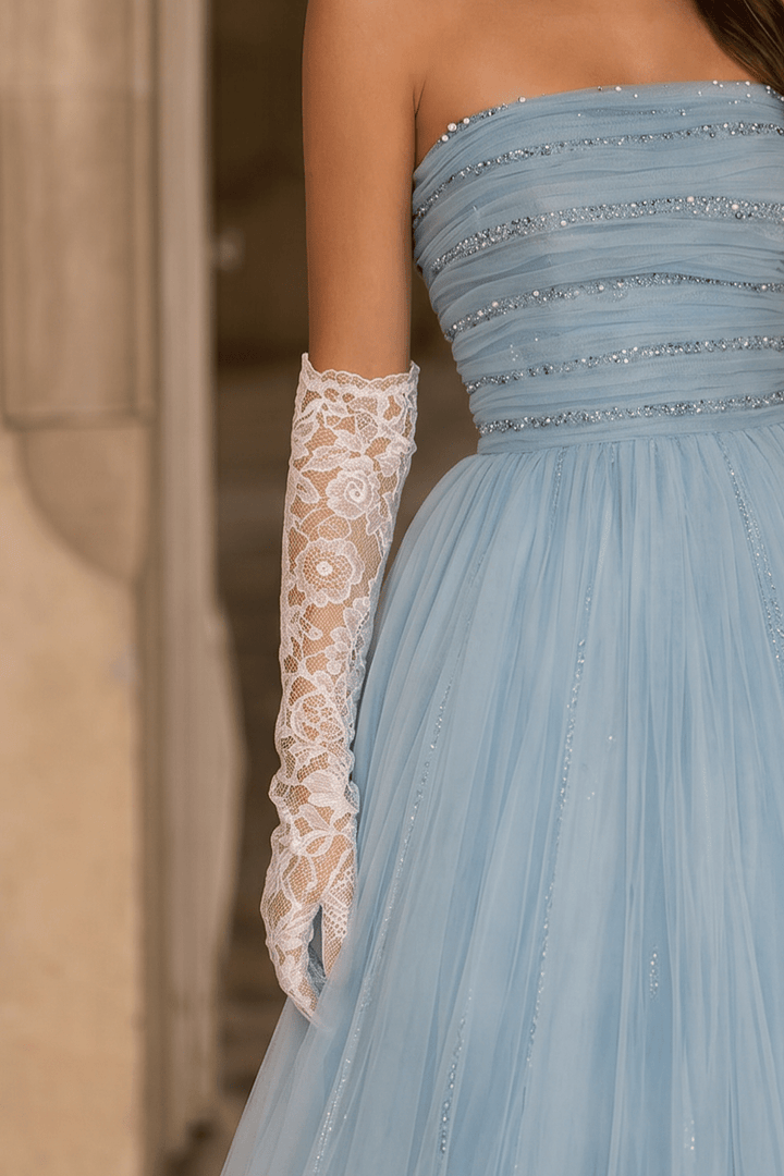 Light Blue Strapless Evening Dress with Beading – Corset Evening Dress with Lace - Up Back Plus Size - WonderlandByLilian