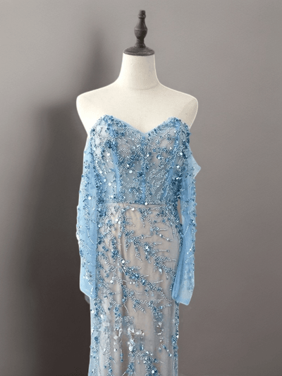 Light Blue Strapless Glitter Dress with Long Sleeves - Elegant Off-Shoulder and Beaded SequinEvening Gown Plus Size - WonderlandByLilian