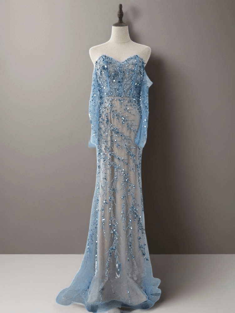 Light Blue Strapless Glitter Dress with Long Sleeves