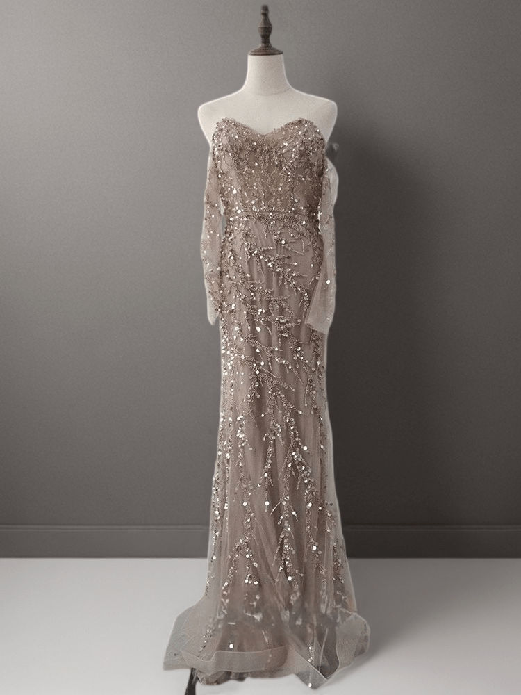 Light Blue Strapless Glitter Dress with Long Sleeves