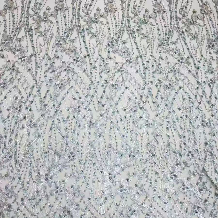 Light Green Floral Sequin Embroidered Lace Fabric - WonderlandByLilian