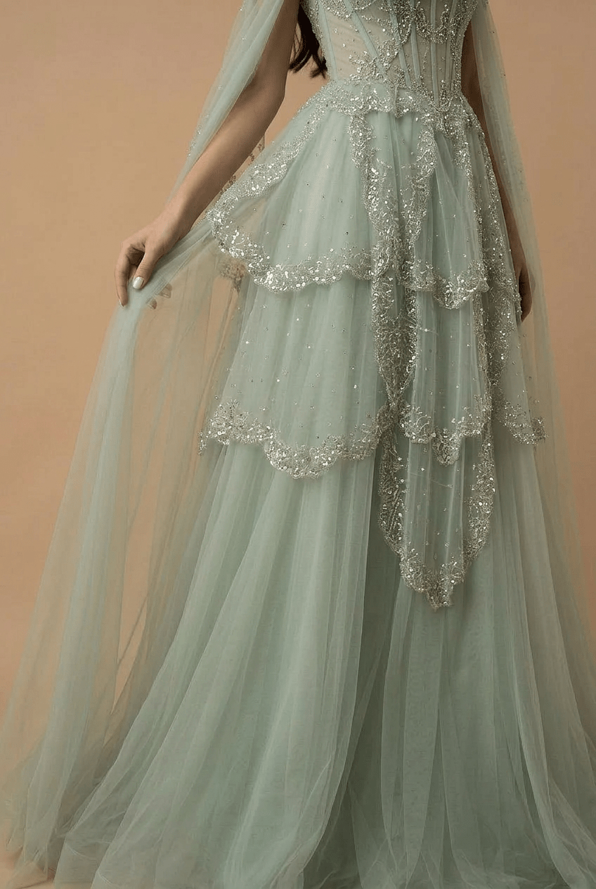 Light Green Pretty Sequin Dress with Corset Bodice – Designer Sequin Gown with Corset Back Plus Size - WonderlandByLilian