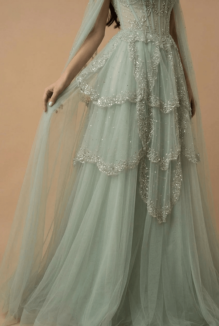 Light Green Pretty Sequin Dress with Corset Bodice – Designer Sequin Gown with Corset Back Plus Size - WonderlandByLilian