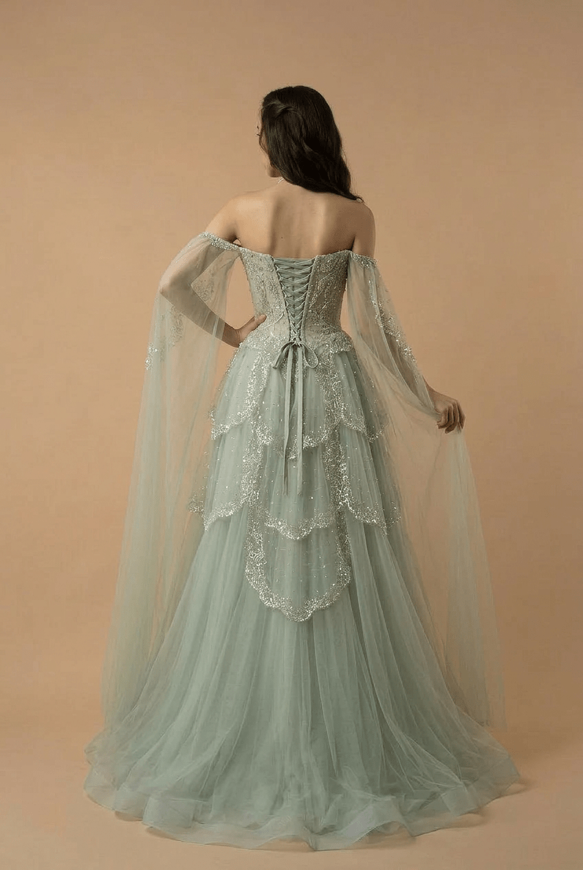 Light Green Pretty Sequin Dress with Corset Bodice – Designer Sequin Gown with Corset Back Plus Size - WonderlandByLilian