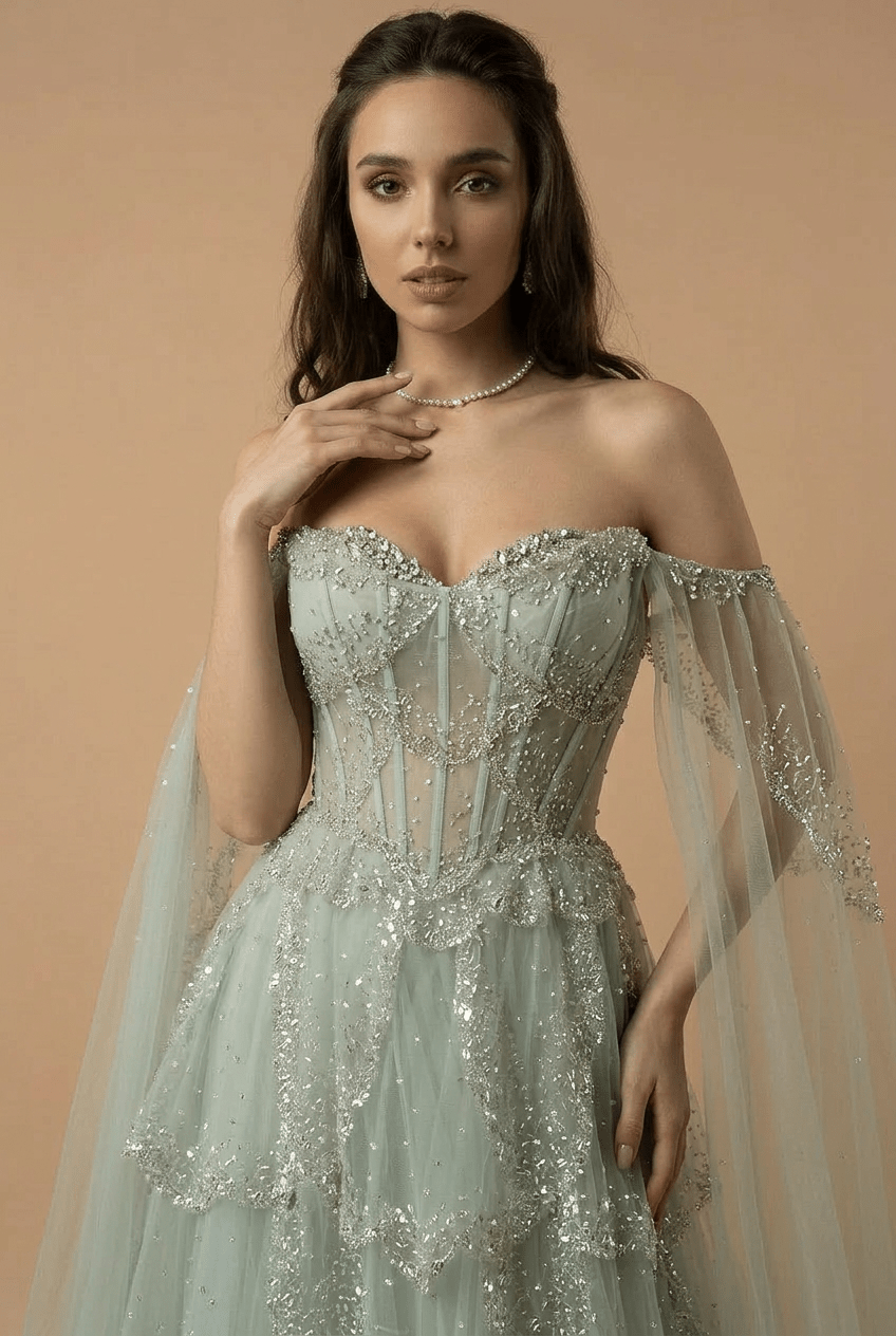 Light Green Pretty Sequin Dress with Corset Bodice – Designer Sequin Gown with Corset Back Plus Size Size 8 / Light Green / with Choker