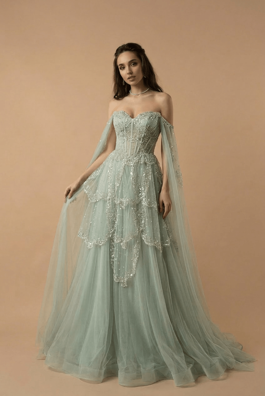 Light Green Pretty Sequin Dress with Corset Bodice – Designer Sequin Gown with Corset Back Plus Size - WonderlandByLilian