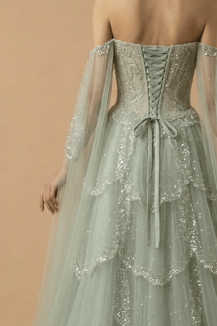 Light Green Pretty Sequin Dress with Corset Bodice – Designer Sequin Gown with Corset Back Plus Size - WonderlandByLilian