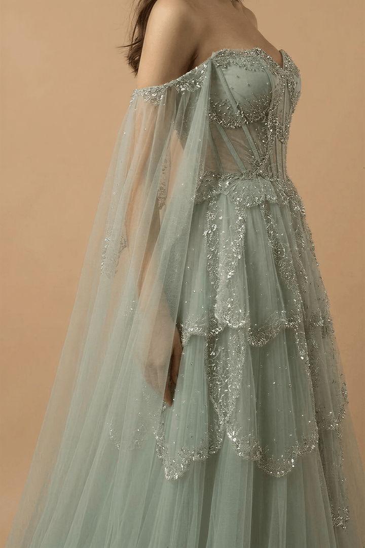 Light Green Pretty Sequin Dress with Corset Bodice – Designer Sequin Gown with Corset Back Plus Size - WonderlandByLilian