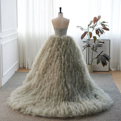 Light Grey Tulle Evening Dress - Corset Back Wedding Dress Plus Size - WonderlandByLilian