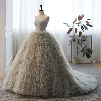 Light Grey Tulle Evening Dress - Corset Back Wedding Dress Plus Size - WonderlandByLilian