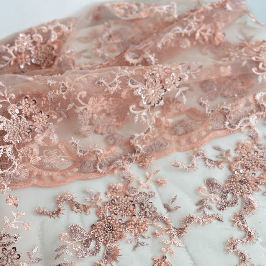 Light OrangeLuxury 3D Beaded Floral Embroidery Lace Fabric - WonderlandByLilian