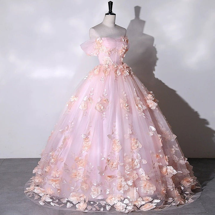 Light Pink Dress for Wedding - Pink Floral Appliqué Wedding Gown with Corset Back Plus Size - WonderlandByLilian