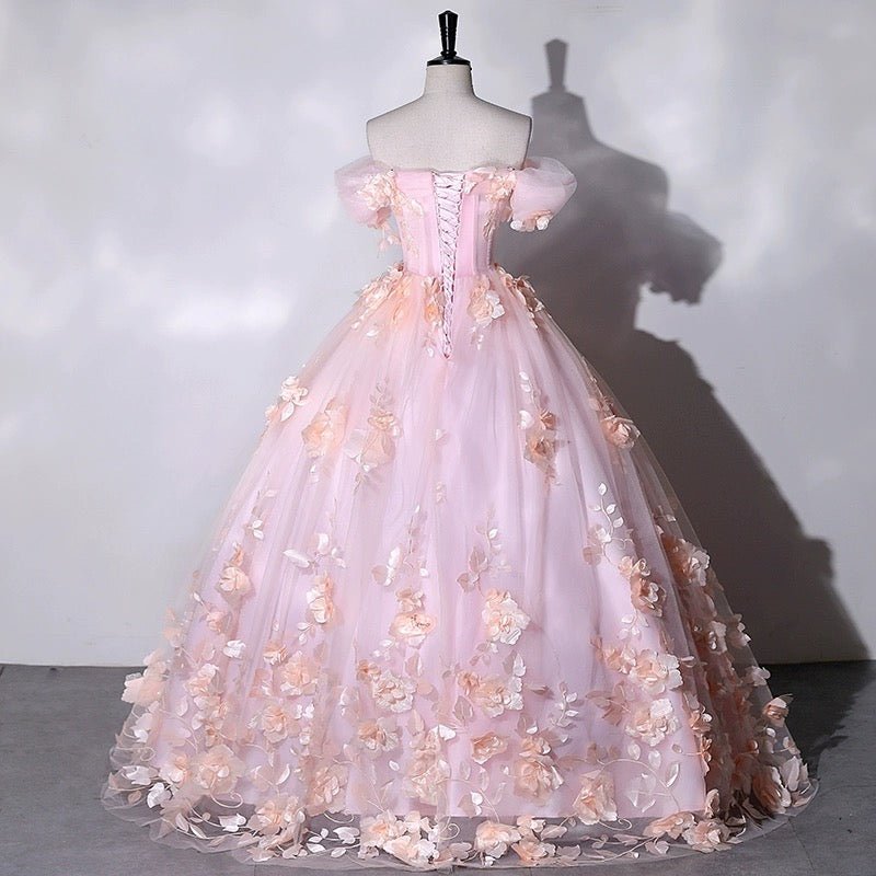Light Pink Dress for Wedding - Pink Floral Appliqué Wedding Gown with Corset Back Plus Size - WonderlandByLilian