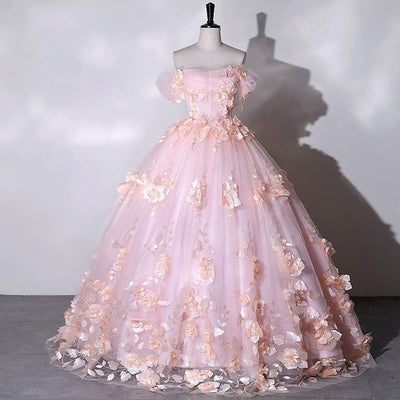 Light Pink Dress for Wedding - Pink Floral Appliqué Wedding Gown with Corset Back Plus Size - WonderlandByLilian