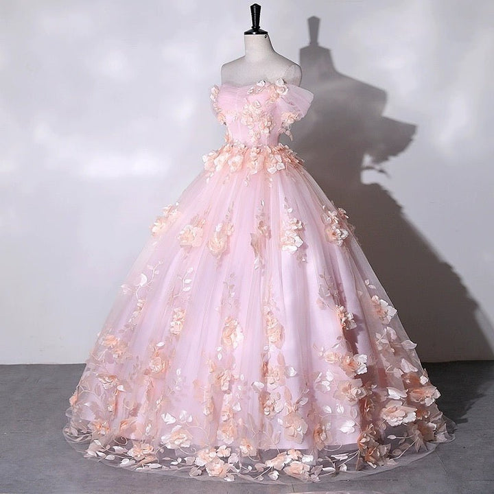 Light Pink Dress for Wedding - Pink Floral Appliqué Wedding Gown with Corset Back Plus Size - WonderlandByLilian