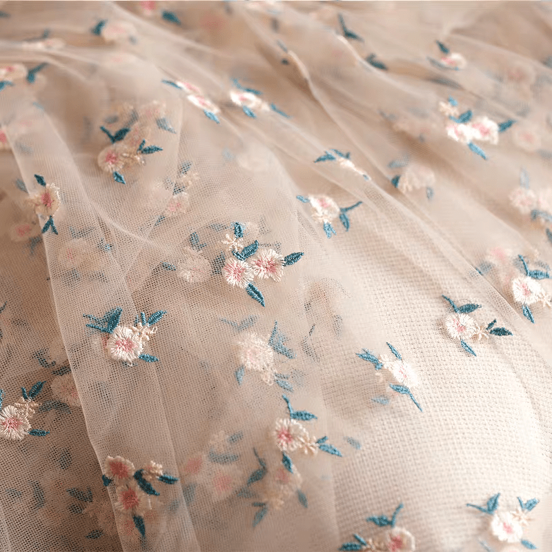 Light Pink Embroidered Floral Tulle Fabric with Pastel Blooms - WonderlandByLilian