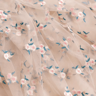 Light Pink Embroidered Floral Tulle Fabric with Pastel Blooms - WonderlandByLilian