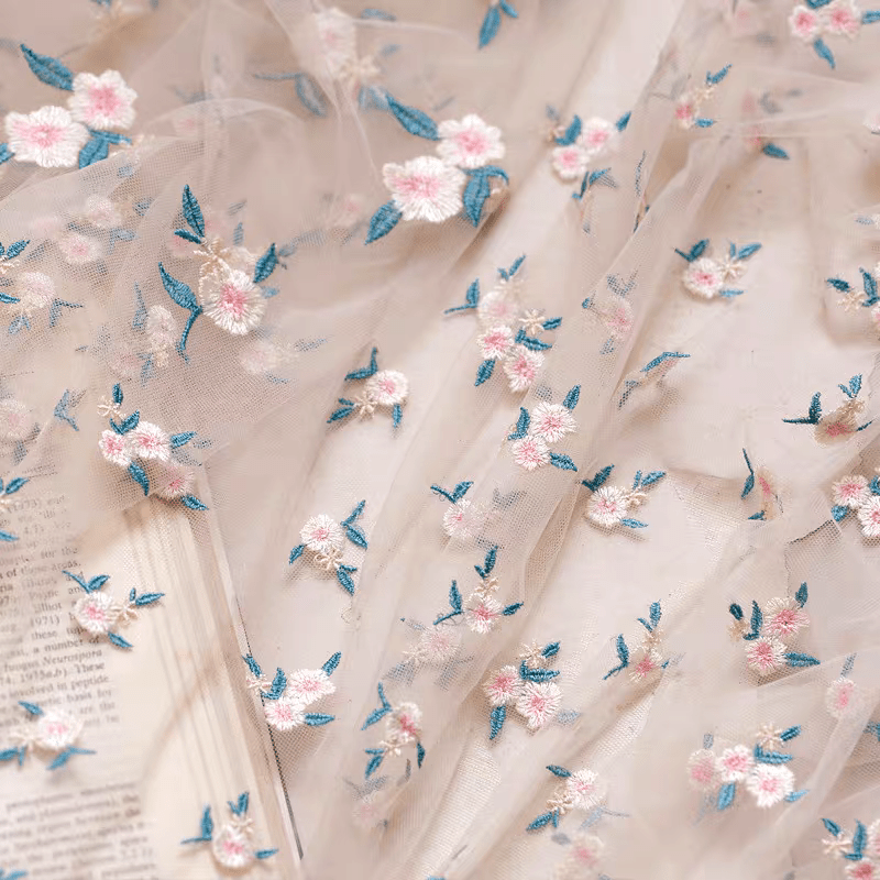 Light Pink Embroidered Floral Tulle Fabric with Pastel Blooms - WonderlandByLilian