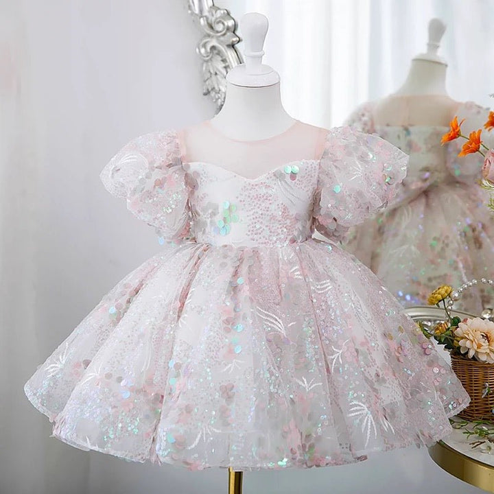 Light Pink Flower Girl Dress with Sequin Embellishments and Puffy Sleeves - Plus Size - WonderlandByLilian