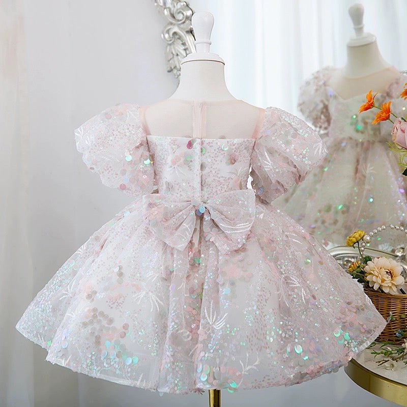 Light Pink Flower Girl Dress with Sequin Embellishments and Puffy Sleeves - Plus Size - WonderlandByLilian