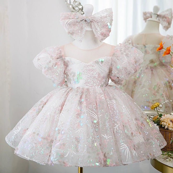 Light Pink Flower Girl Dress with Sequin Embellishments and Puffy Sleeves - Plus Size - WonderlandByLilian