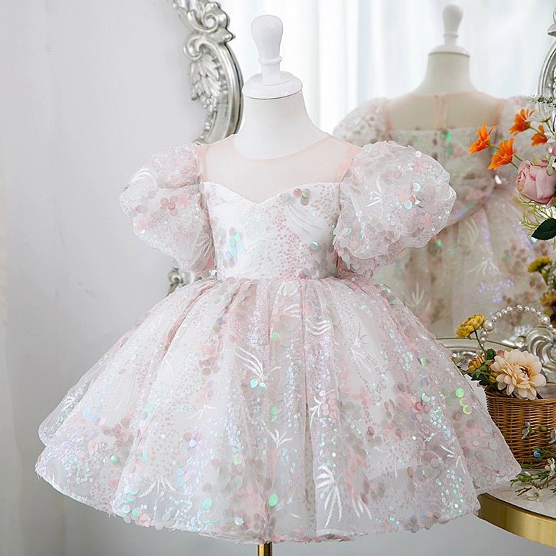 Light Pink Flower Girl Dress with Sequin Embellishments and Puffy Sleeves - Plus Size - WonderlandByLilian