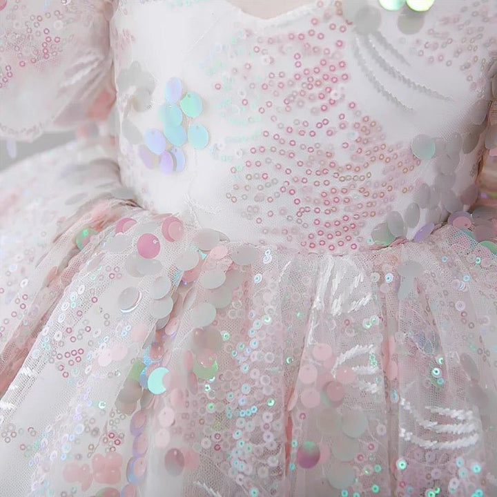 Light Pink Flower Girl Dress with Sequin Embellishments and Puffy Sleeves - Plus Size - WonderlandByLilian