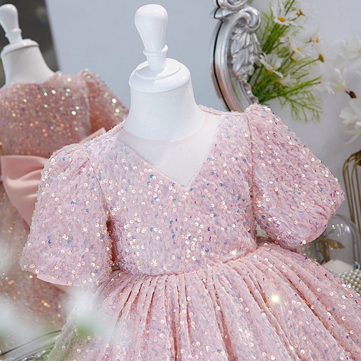 Light Pink Flower Girl Dress with Sequins and Satin Bow Detail - Plus Size - WonderlandByLilian