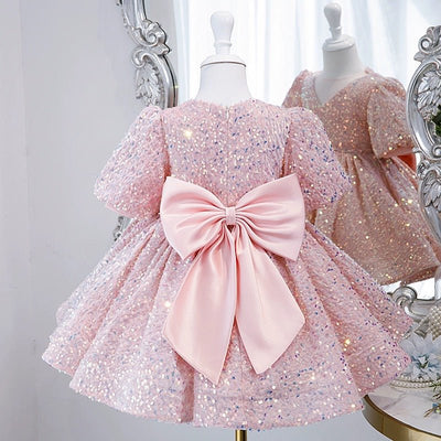 Light Pink Flower Girl Dress with Sequins and Satin Bow Detail - Plus Size - WonderlandByLilian