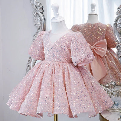 Light Pink Flower Girl Dress with Sequins and Satin Bow Detail - Plus Size - WonderlandByLilian