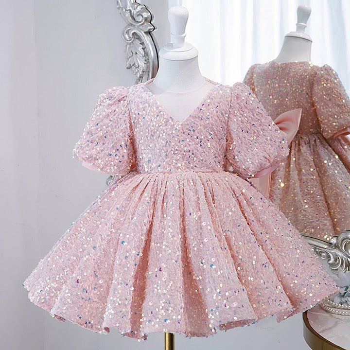 Light Pink Flower Girl Dress with Sequins and Satin Bow Detail - Plus Size - WonderlandByLilian